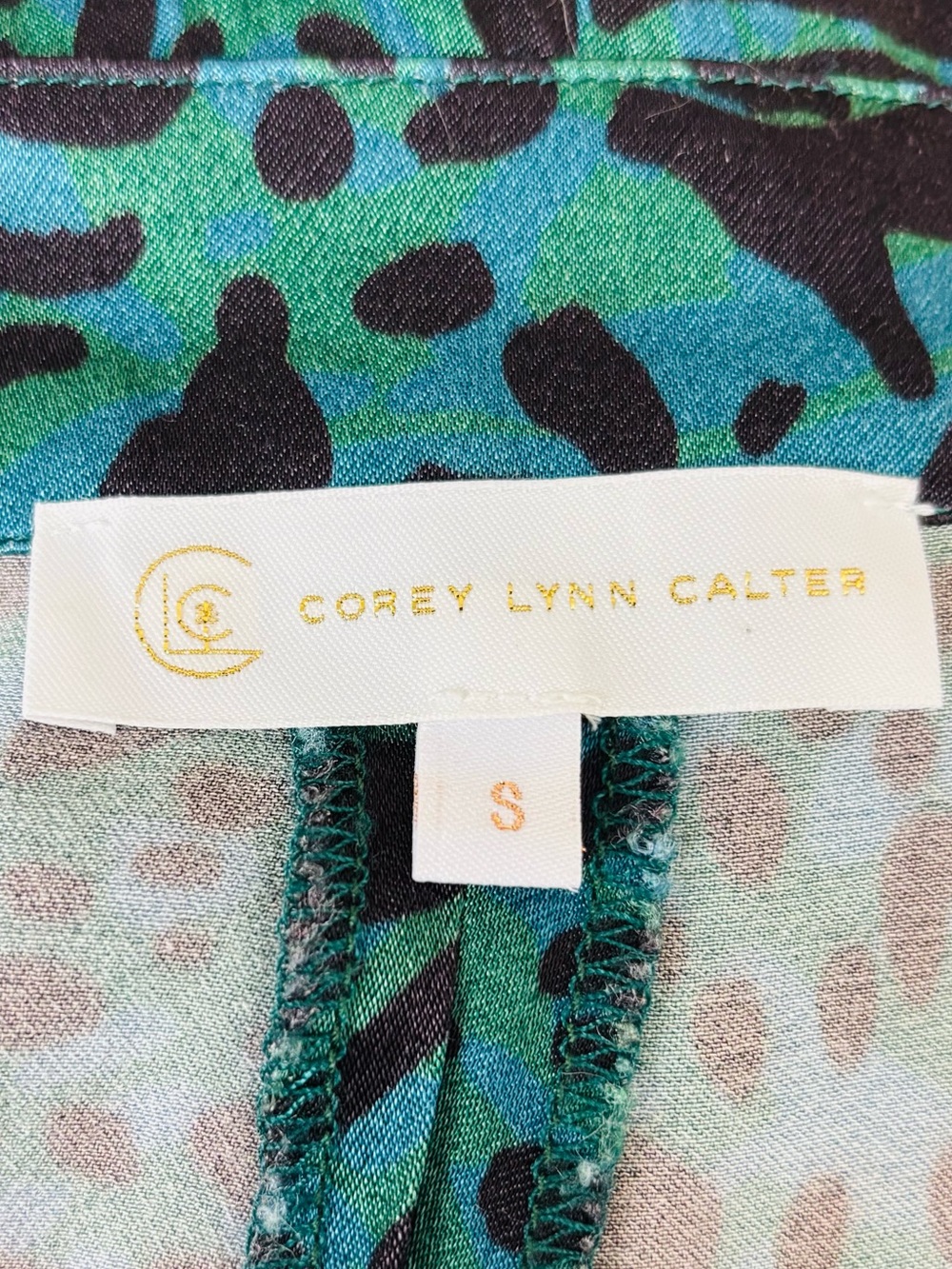 Anthropologie Corey Lynn Calter Teal Satin Jungle Print Wide Leg Pants. Small - Picture 8 of 9